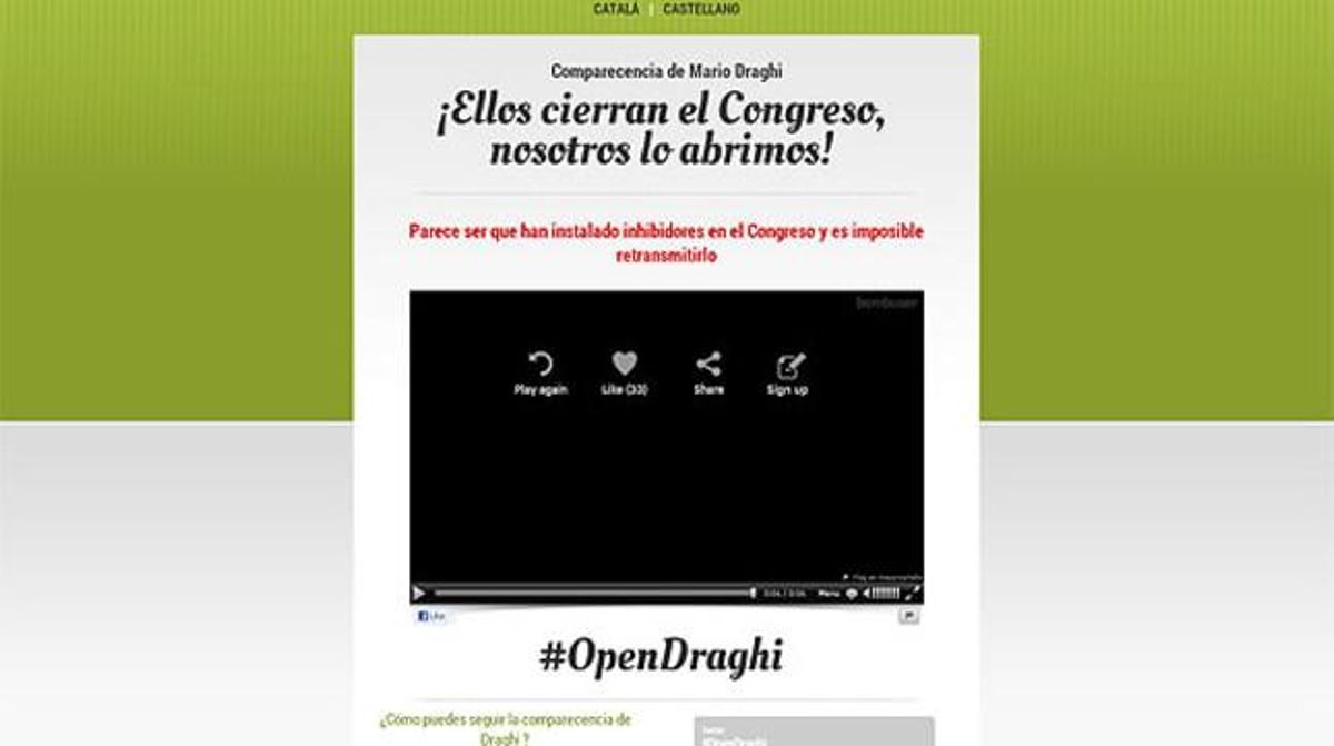 Captura de la web que había preparado ICV para retransmitir la comparecencia de Draghi. Captura de la web que había preparado ICV para retransmitir la comparecencia de Draghi.