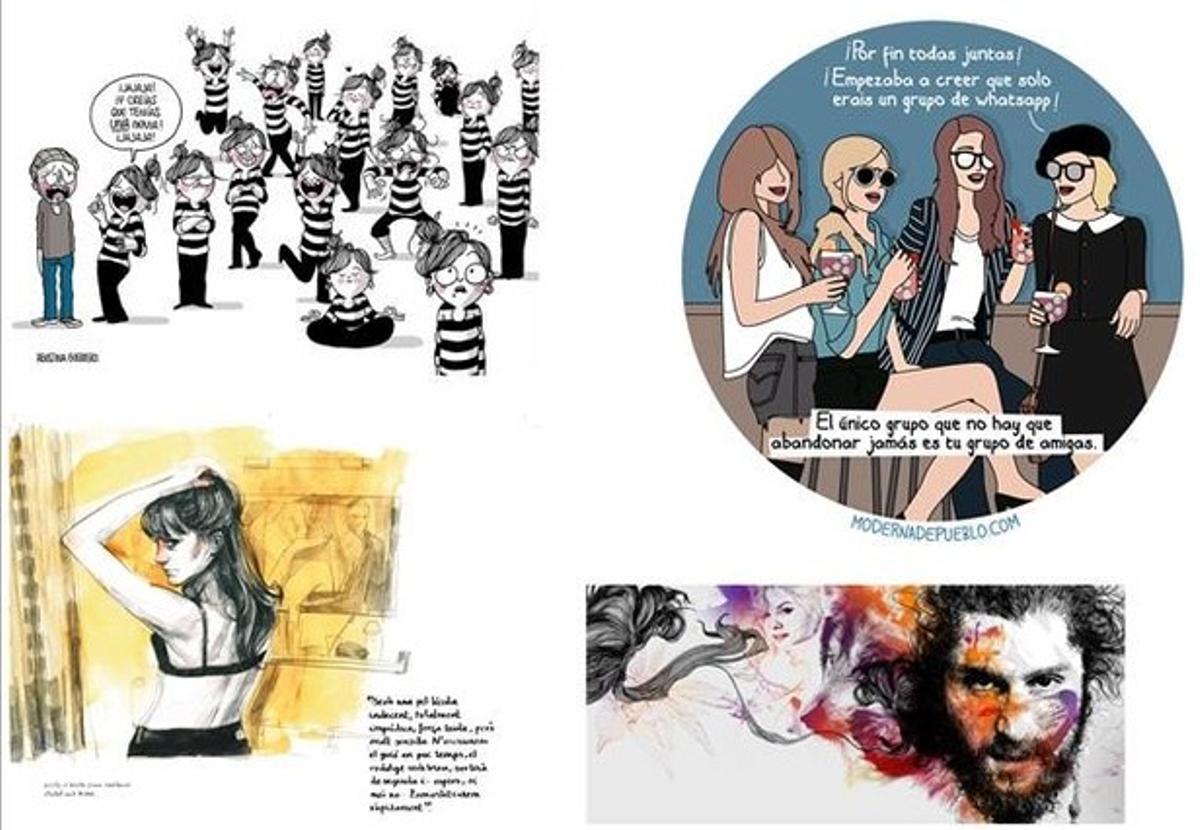 Ejemplos del trabajo de cuatro de los 15 artistas que forman parte de la exposición del Salón del Cómic ’Ilustr@’: Agustina Guerrero (La Volátil), Moderna de Pueblo (Raquel Córcoles), Gabriel Moreno y Paula Bonet (en sentido de las agujas del reloj). Ejemplos del trabajo de cuatro de los 15 artistas que forman parte de la exposición del Salón del Cómic ’Ilustr@’: Agustina Guerrero (La Volátil), Moderna de Pueblo (Raquel Córcoles), Gabriel Moreno y Paula Bonet (en sentido de las agujas del reloj).