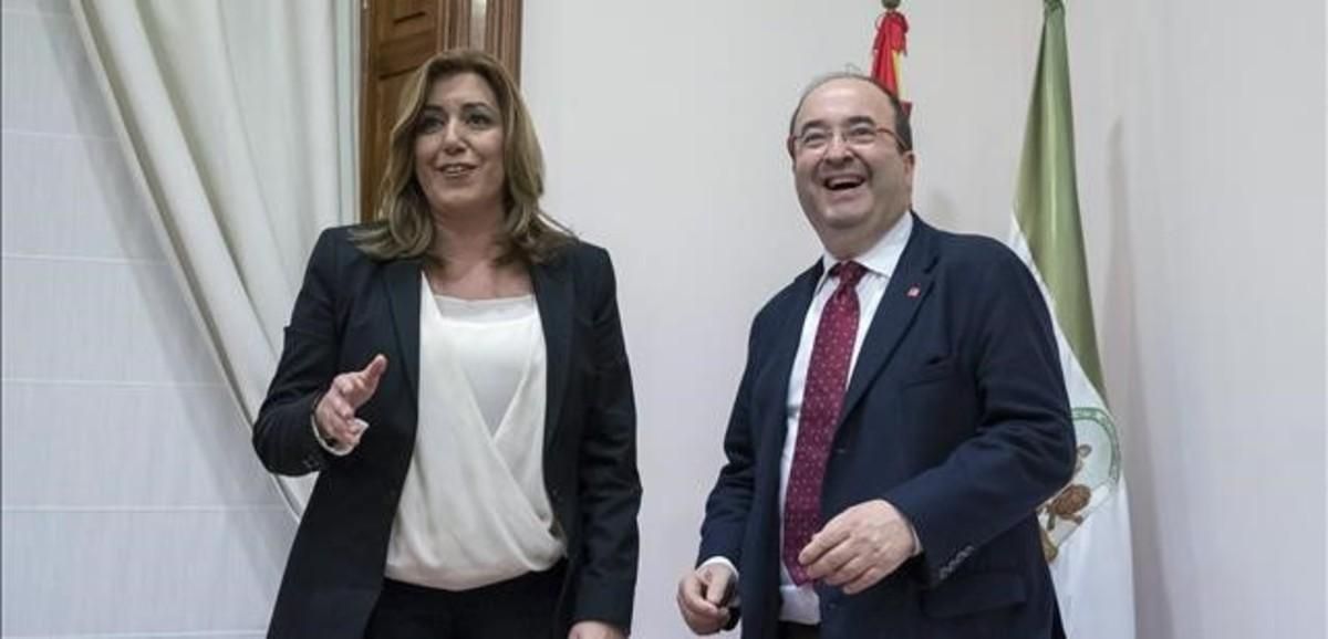 La presidenta andaluza, Susana DÍaz, y el lÍder del PSC, Miquel Iceta, al comienzo de su reunión en la sede del PSOE-A en Sevilla. La presidenta andaluza, Susana DÍaz, y el lÍder del PSC, Miquel Iceta, al comienzo de su reunión en la sede del PSOE-A en Sevilla.