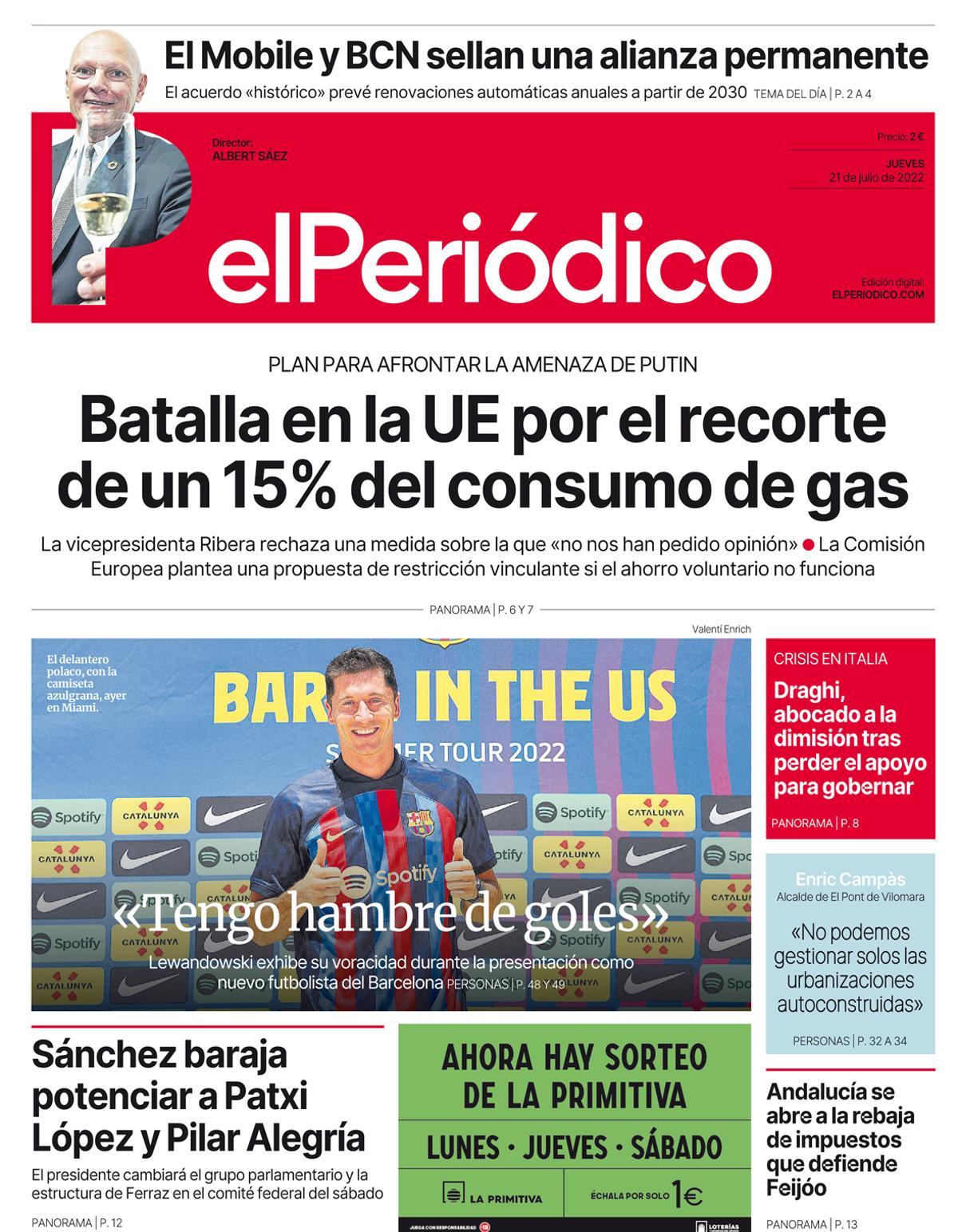 La portada de EL PERIÓDICO del 21 de julio de 2022