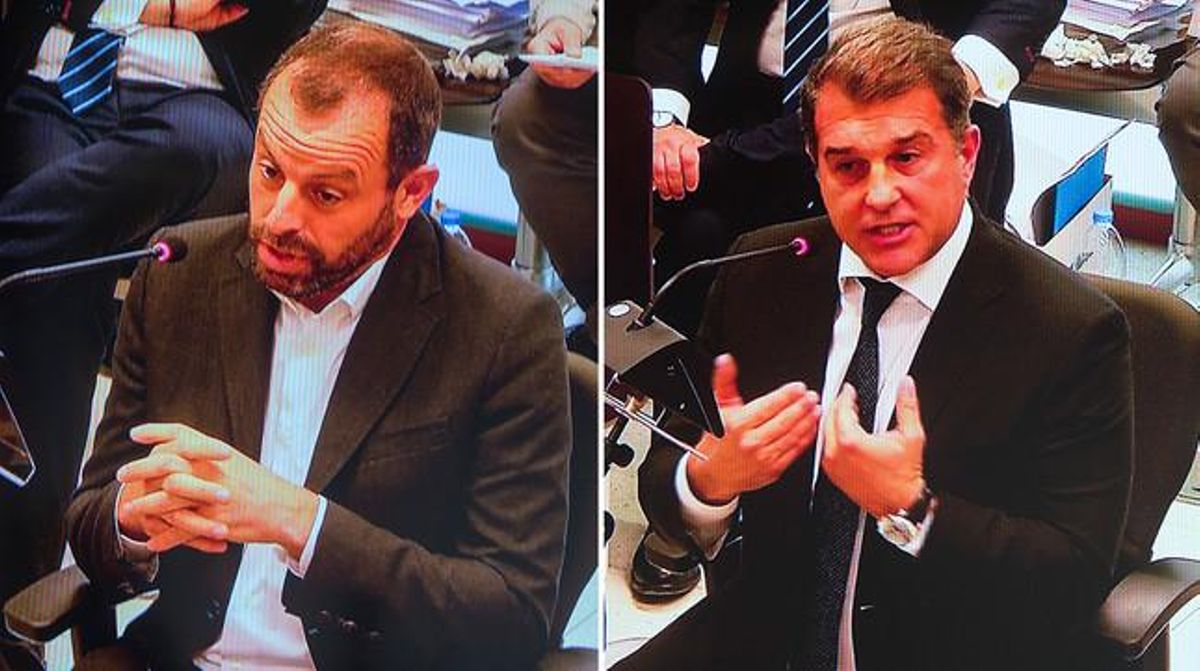 Los expresidentes azulgranas Sandro Rosell y Joan Laporta, durante su declaración como testigos en el juicio contra el Barça por la explotación publicitaria de la fachada de La Masia. Los expresidentes azulgranas Sandro Rosell y Joan Laporta, durante su declaración como testigos en el juicio contra el Barça por la explotación publicitaria de la fachada de La Masia.