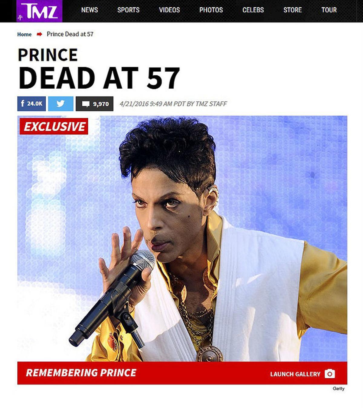 Imagen de la web TMZ, con la exclusiva de la muerte de Prince.