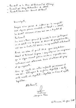 Carta manuscrita en la que Joaquim Forn comunica su renuncia al escaño en el Parlament.