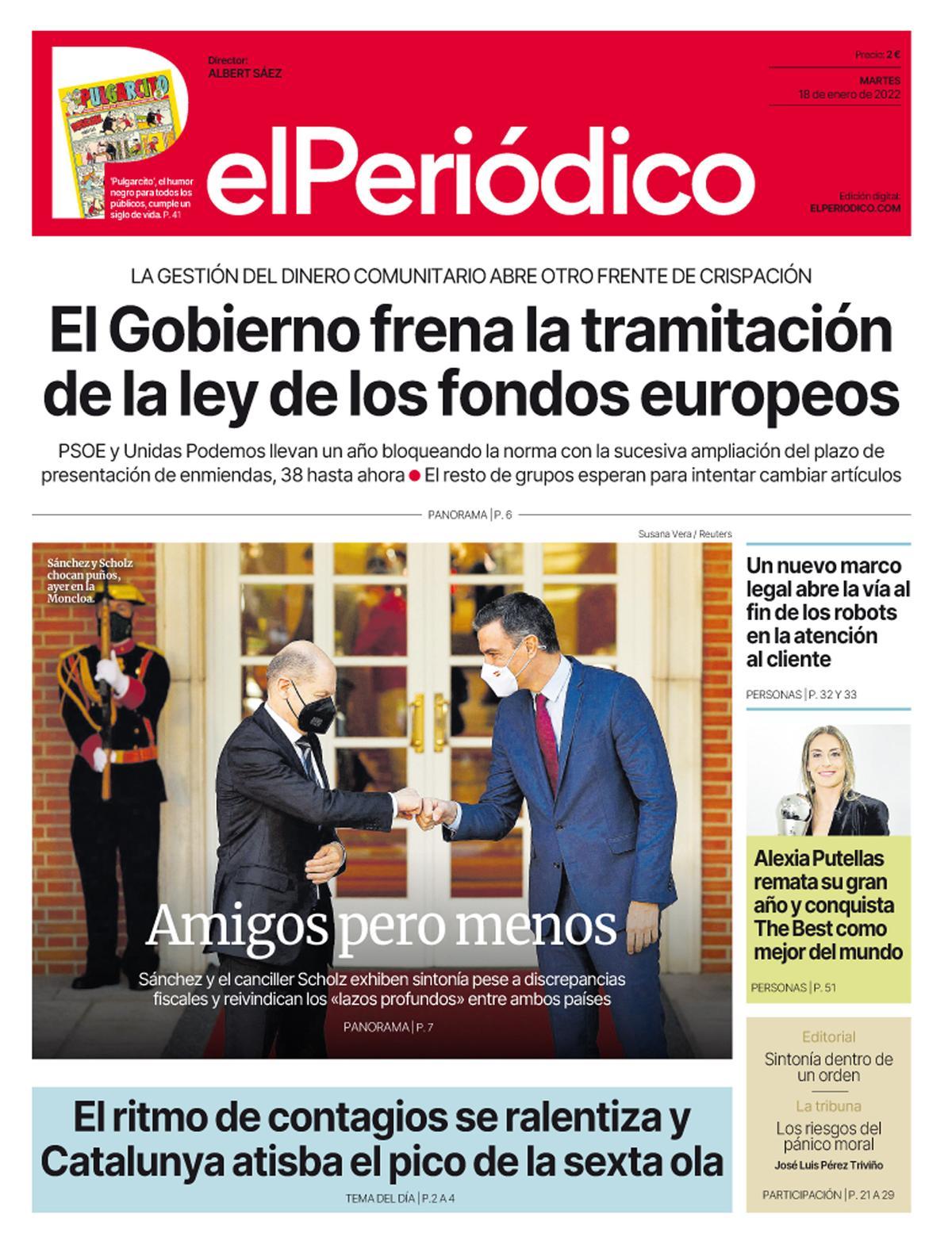 La portada de EL PERIÓDICO del 18 de enero de 2022