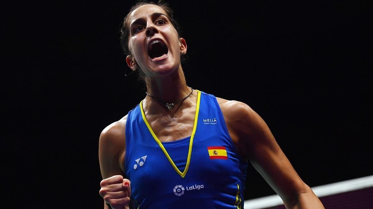 Carolina Marín celebra un punto. Carolina Marín celebra un punto.