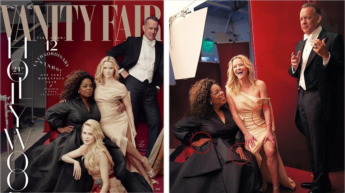 Las polémicas fotos de ’Vanity Fair’: a la izquierda, las tres piernas de la actriz Reese Witherspoon y la única de Zendaya. Al lado, tres manos de Oprah Winfrey.