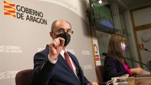 El presidente de Aragón, Javier Lamban  junto con la Consejera de Sanidad, Sira Ripolles, comparecen en rueda de prensa para realizar un balance del impacto de un año de la pandemia.