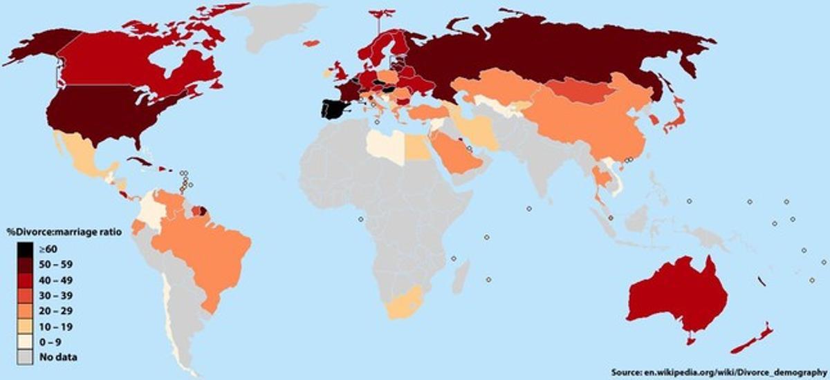 Mapa gráfico que muestra el porcentaje de divorcio de los diferentes países a nivel mundial.