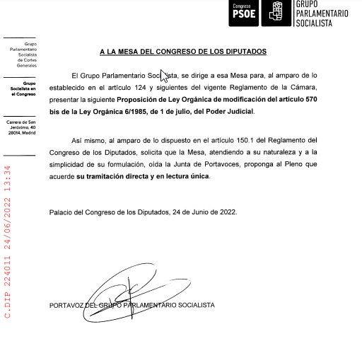 Proposición del PSOE para reformar la Ley Orgánica del Poder Judicial y poder renovar el TC (24 de junio de 2022)