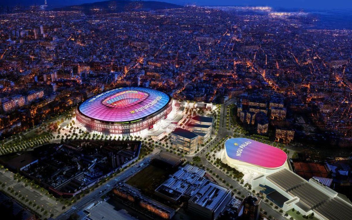 Una imagen nocturna de la maqueta del Espai Barça, con el Nou Camp Nou y el nuevo Palau Blaugrana.