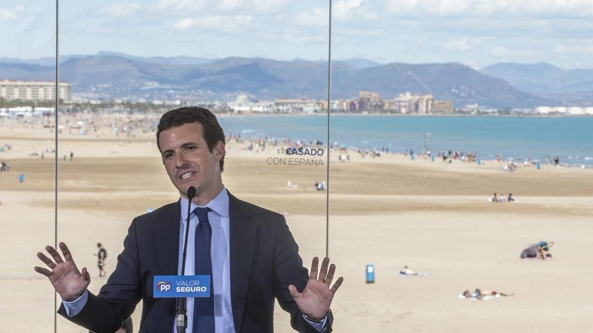 Pablo Casado, en su penúltimo mitin de la campaña, en Valencia. Pablo Casado, en su penúltimo mitin de la campaña, en Valencia.