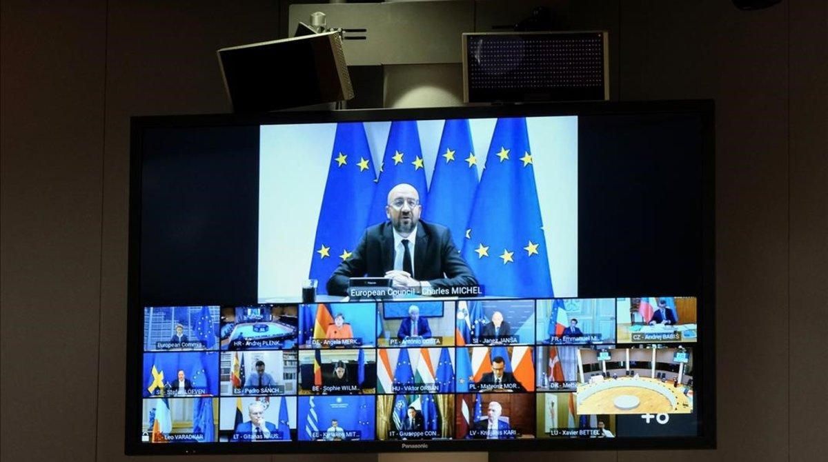 Imagen de la cumbre europea telemática. Imagen de la cumbre europea telemática.