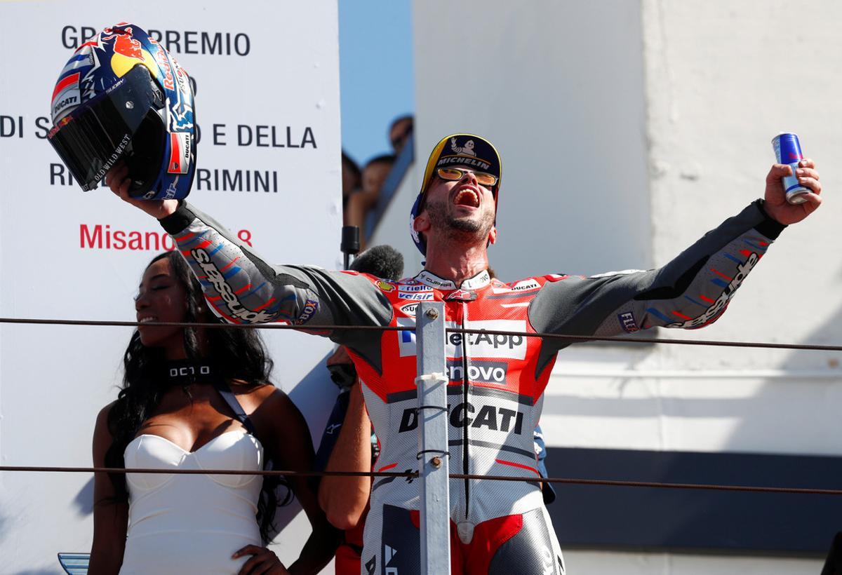 MotoGP - San Marino Grand Prix - Misano World Circuit Marco Simoncelli, Misano Adriatico, Italy - September 9, 2018   Ducati’s Andrea Dovizioso celebrates his win on the podium   REUTERS/Max Rossi