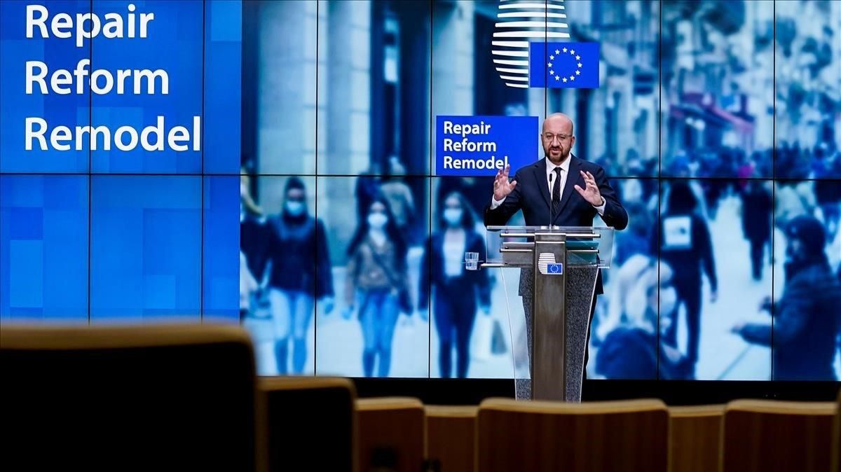 El presidente del Consejo Europeo, Charles Michel, durante la rueda de prensa que ha ofrecido este viernes para presentar su propuesta de presupuesto. El presidente del Consejo Europeo, Charles Michel, durante la rueda de prensa que ha ofrecido este viernes para presentar su propuesta de presupuesto.