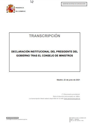 Transcripción de la declaración de Pedro Sánchez tras la concesión de los indultos, este 22 de junio de 2021. 