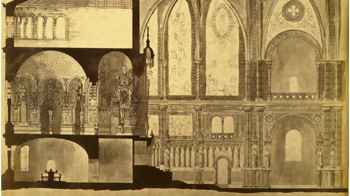 Fragmento del camerín de la Virgen y el presbiterio, plano dibujado por Antoni Gaudí durante la reconstrucción de la basílica de Montserrat proyectada por el arquitecto  Villar Lozano. 