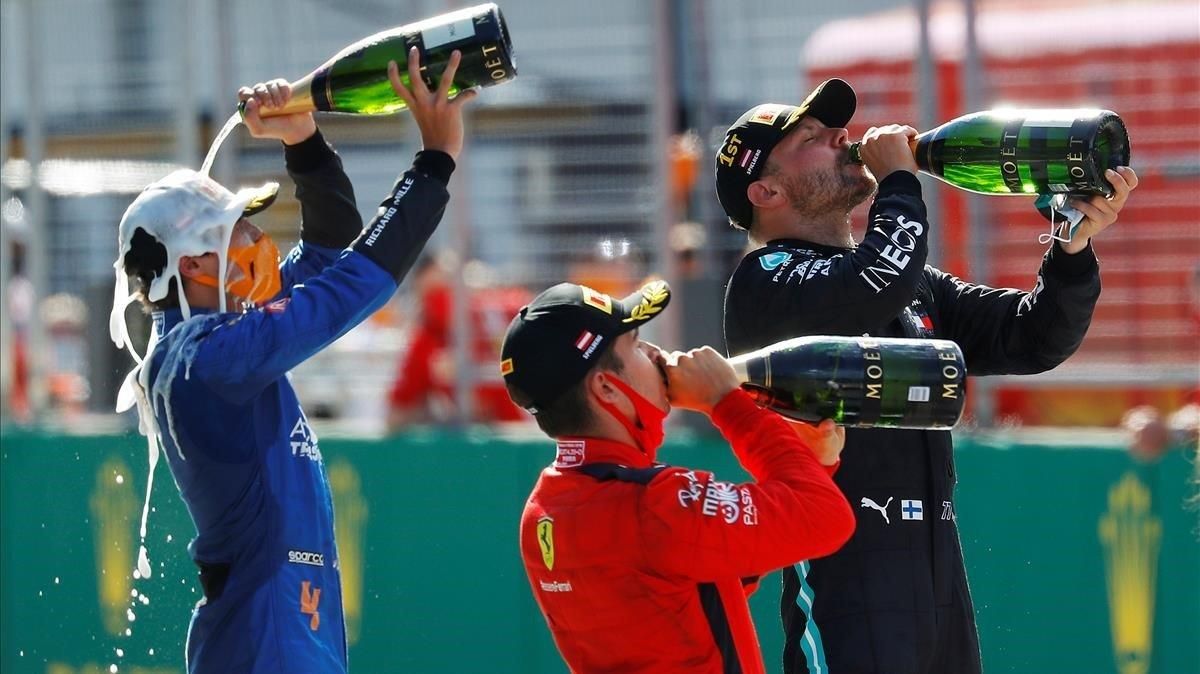 Bottas, Leclerc y Norris celebran el primer podio de la temporada Bottas, Leclerc y Norris celebran el primer podio de la temporada