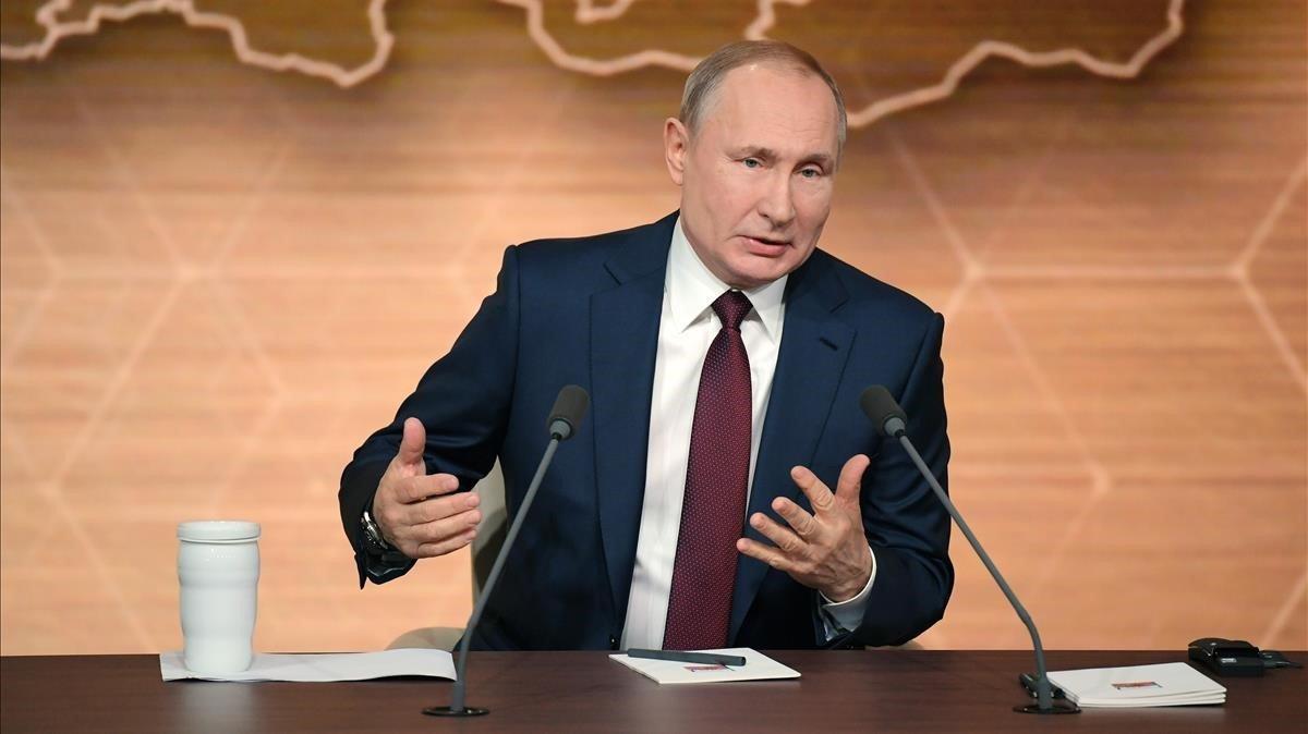 El presidente ruso, Vladímir Putin, durante la rueda de prensa que ha ofrecido este jueves en Moscú.