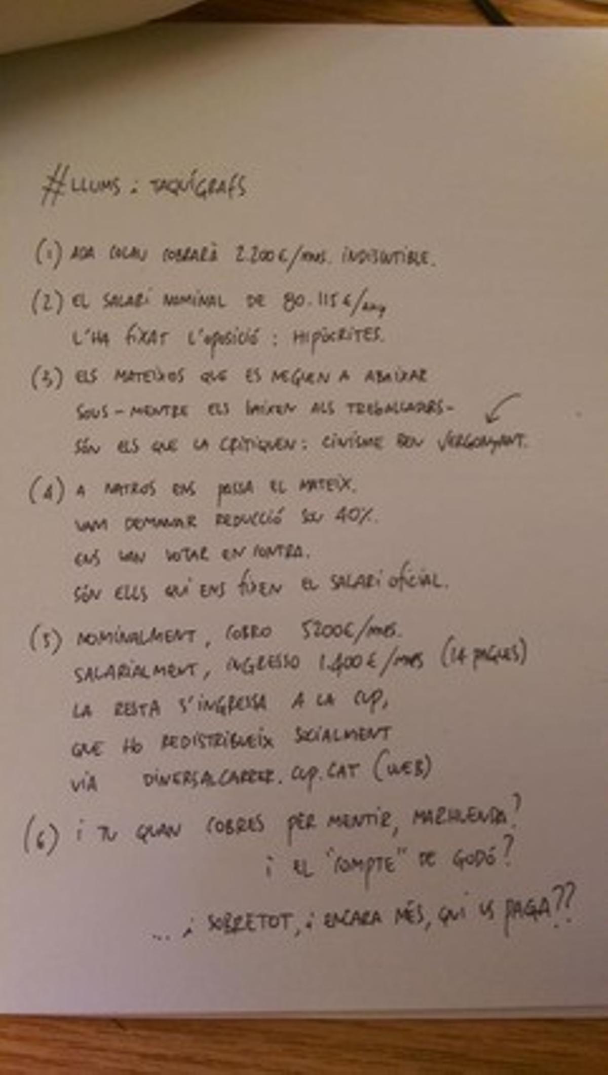 El escrito del diputado de la CUP David Fernàndez. El escrito del diputado de la CUP David Fernàndez.