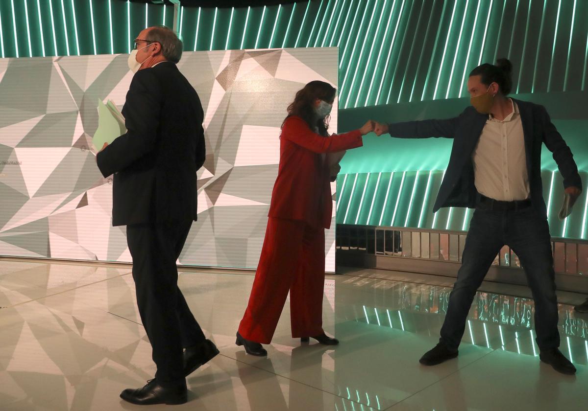 Los candidatos de PSOE, Más Madrid y Unidas Podemos el 4-M, Ángel Gabilondo, Mónica García y Pablo Iglesias, el pasado 21 de abril en el debate de Telemadrid. Los candidatos de PSOE, Más Madrid y Unidas Podemos el 4-M, Ángel Gabilondo, Mónica García y Pablo Iglesias, el pasado 21 de abril en el debate de Telemadrid.
