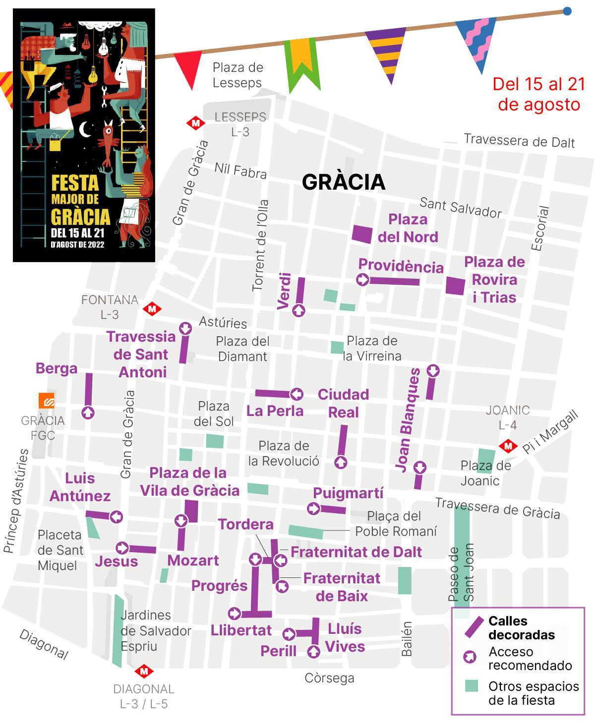Mapa de las calles engalanadas de las Fiestas de Gràcia 2022 de Barcelona