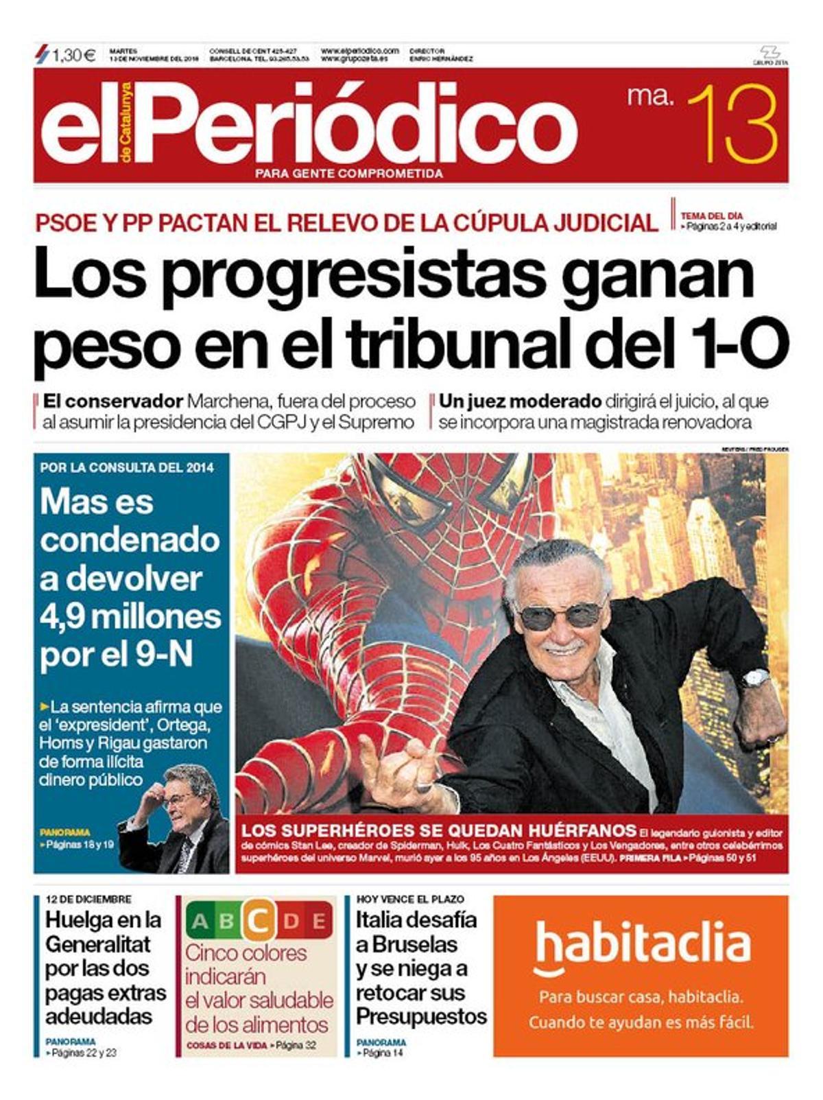 La portada de EL PERIÓDICO del 13 de noviembre del 2018