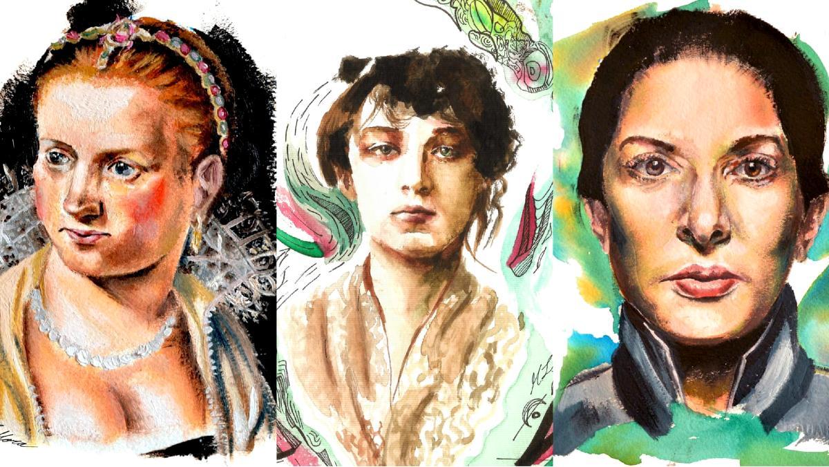 De izquierda a derecha: Ilustraciones de Clara Peeters, Camille Claudel i Marina Abramović; incluidas en el catálogo de ’Las imprescindibles’ de La Roldana.
