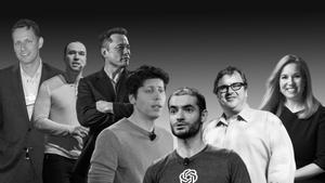 De izquierda a derecha, Peter Thiel, Greg Brockman, Elon Musk, Sam Altman, Ilya Sutskever, Reid Hoffman y Jessica Livingston.