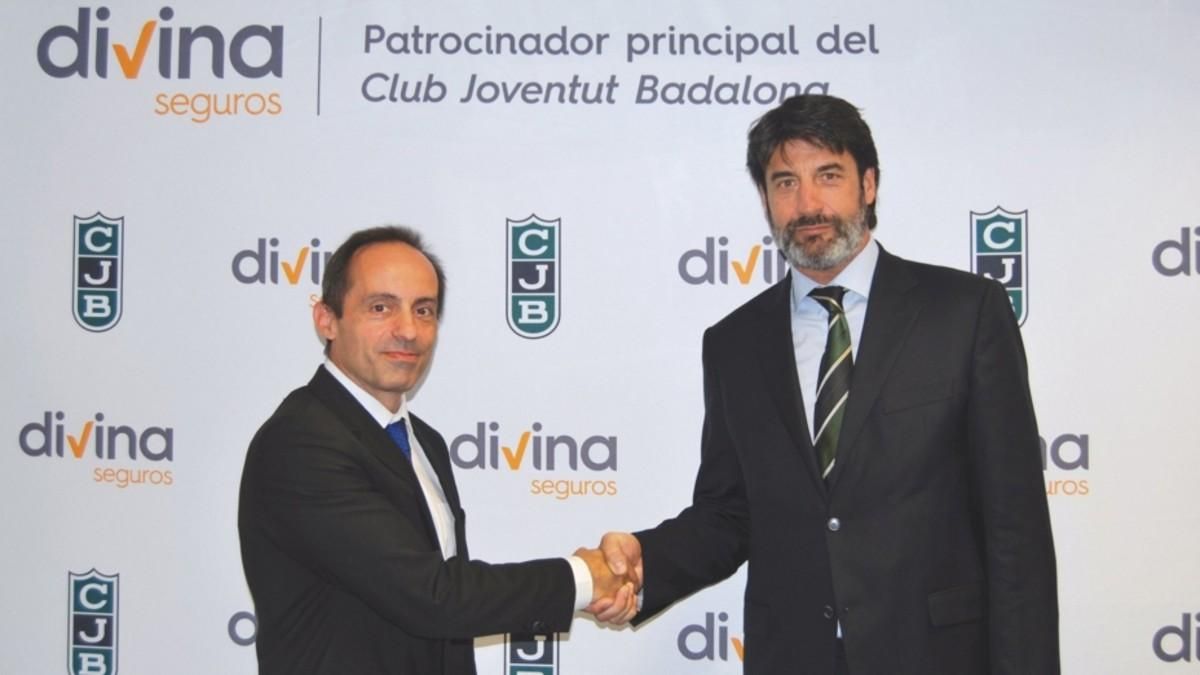 Armando Nieto, presidente de Divina Pastora, y Jordi Villacampa, del Joventut de Badalona, tras firmar el contrato de patrocinio. Armando Nieto, presidente de Divina Pastora, y Jordi Villacampa, del Joventut de Badalona, tras firmar el contrato de patrocinio.