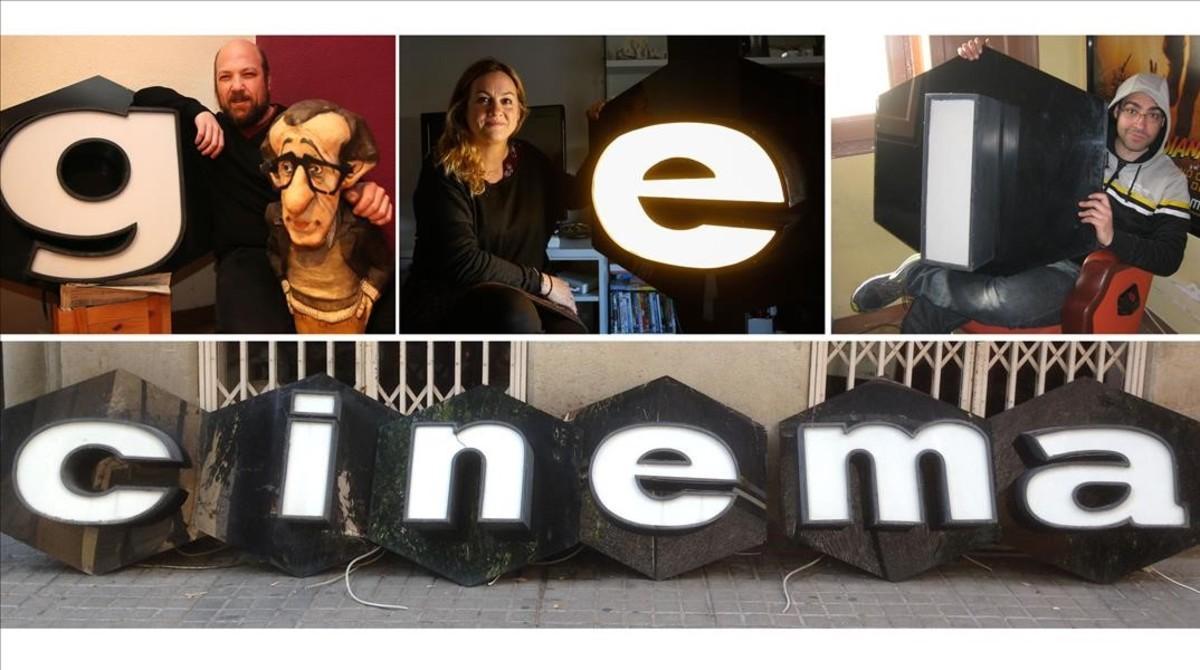 Àlex Montoya, Elena Serra y Àlex Baldoví, cada uno con su letra, y (abajo) las seis piezas de la palabra cinema.