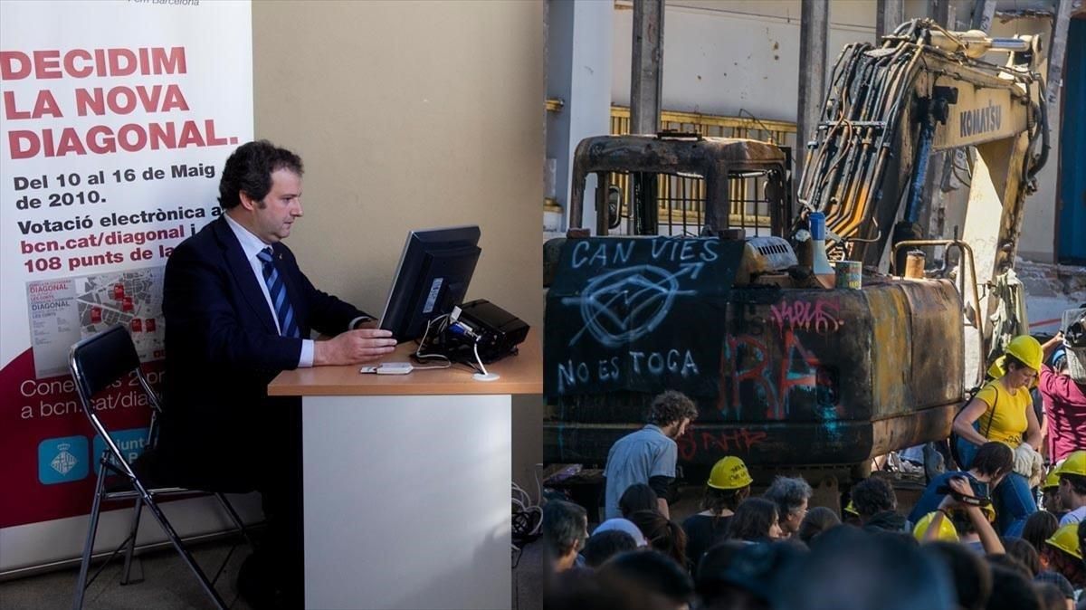 A la izquierda, Hereu votando en la consulta de la Diagonal, en el 2010. Al lado, la excavadora de Can Vies destruida, en mayo del 2014. A la izquierda, Hereu votando en la consulta de la Diagonal, en el 2010. Al lado, la excavadora de Can Vies destruida, en mayo del 2014.