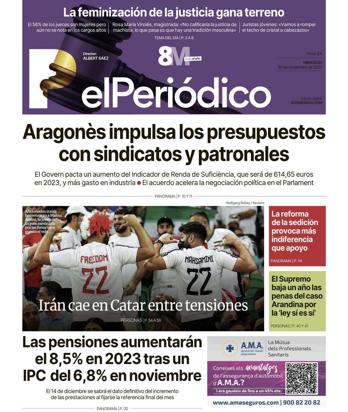 La portada de EL PERIÓDICO del 30 de noviembre de 2022