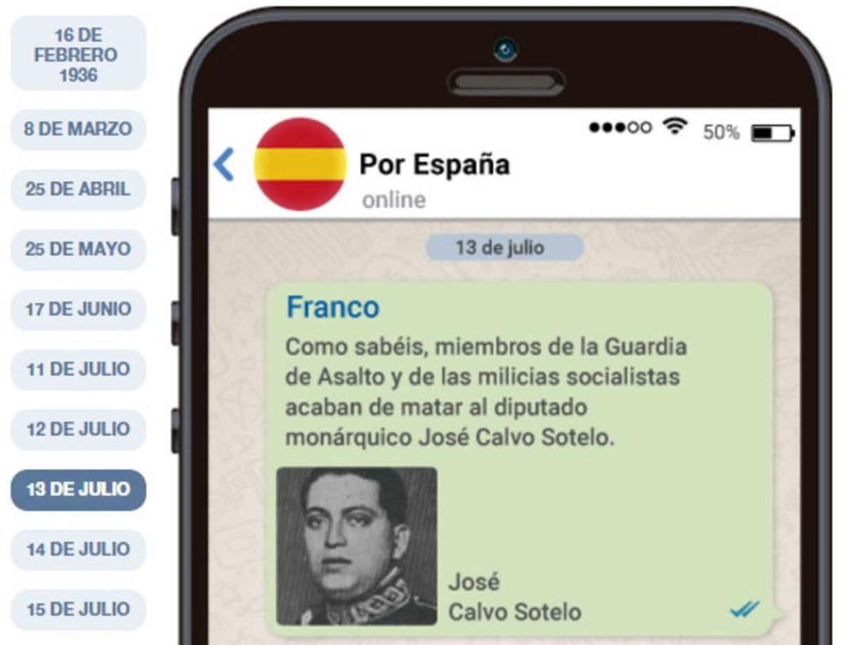 Detalle de la recreación en Whatsapp de los mensajes entre Franco y el resto de los golpistas. Detalle de la recreación en Whatsapp de los mensajes entre Franco y el resto de los golpistas.