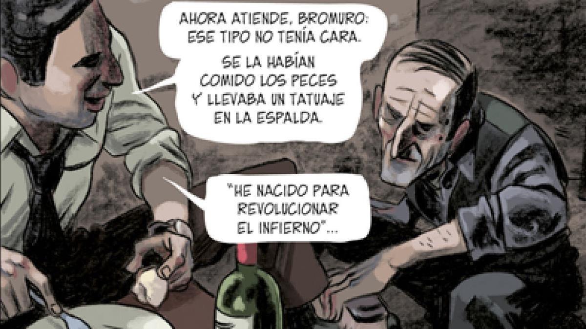 Viñeta de la adaptación al cómic de ’Tatuaje’, primera novela de Vázquez Montalbán con Carvalho de protagonista. Aquí, con el personaje de Bromuro.