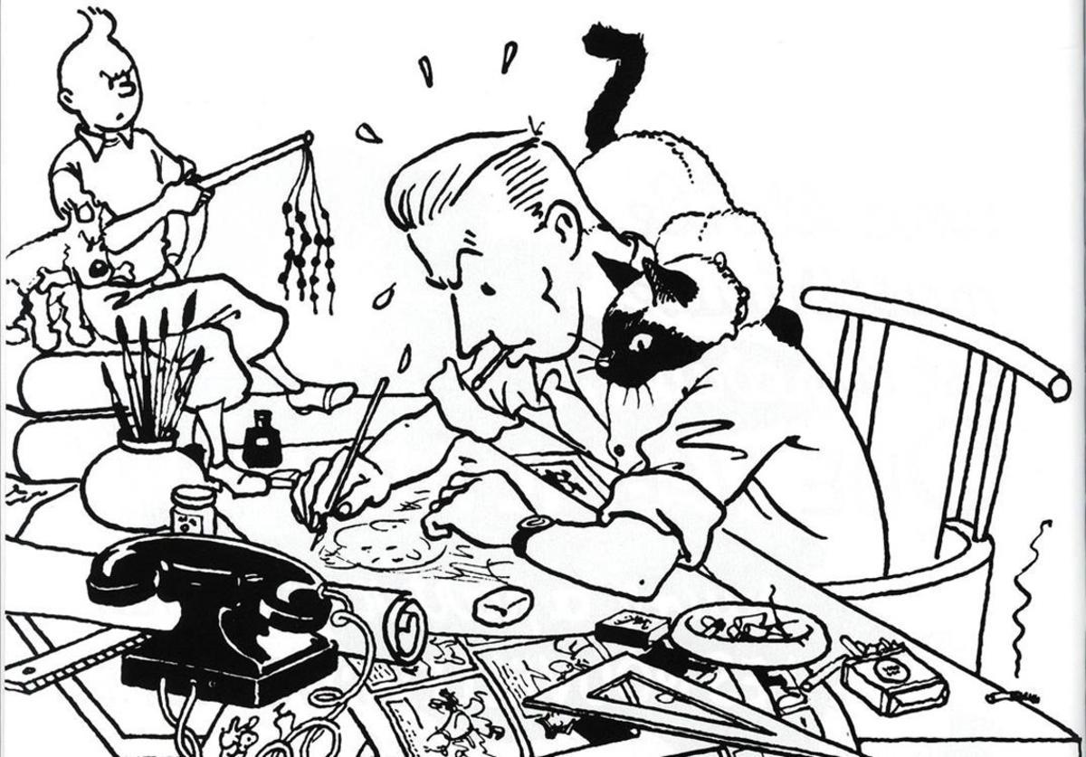 Autorretrato de Hergé publicado en la revista ’Tintín’ en 1947, que aparece en el libro ’Hergé por él mismo’.