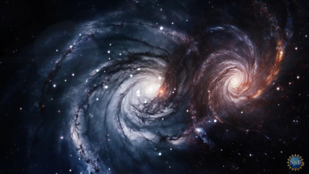 Captura de un video, cedido este jueves, 29 de junio, por la Fundación de Ciencia de Estados Unidos, que revela los avances de investigación del Observatorio Norteamericano de Nanohercios para Ondas Gravitacionales (NANOGrav), que descubrió la distorsión en el espacio-tiempo causada por las ondas gravitacionales de baja frecuencia, producidas probablemente por parejas de agujeros negros supermasivos. EFE