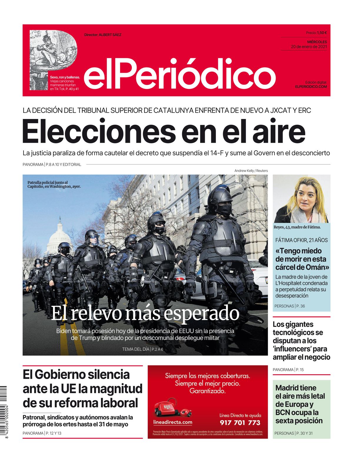 La portada de EL PERIÓDICO del 20 de enero de 2021 La portada de EL PERIÓDICO del 20 de enero de 2021