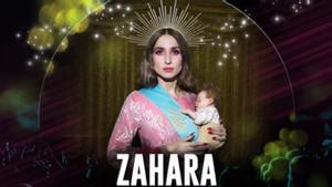 Cartel retirado de la cantante Zahara, caracterizada como una Virgen y con una banda en la que se puede leer Puta, el nombre de su álbum.