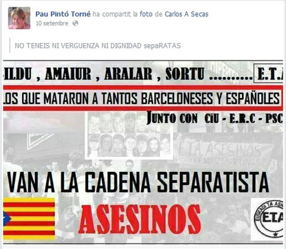 Captura de la página de Facebook del concejal de Lleida Pau Pintó, que posteriormente fue suprimida.