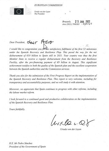 Carta de Ursula von der Leyen a Pedro Sánchez (25 de enero de 2022) para felicitarle por la gestión de los fondos europeos.
