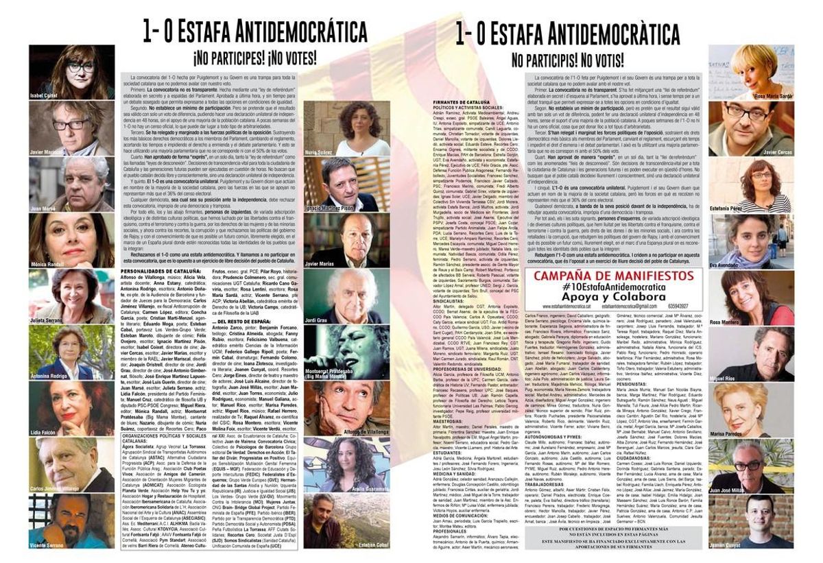 Casi un millar de personalidades de izquierdas tachan el referéndum del 1-O de "estafa antidemocrática" Casi un millar de personalidades de izquierdas tachan el referéndum del 1-O de "estafa antidemocrática"