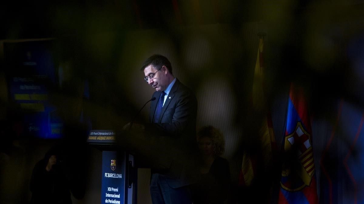 Bartomeu, en su discurso durante el premio internacional de periodismo Vázquez Montalbán a Valdano. Bartomeu, en su discurso durante el premio internacional de periodismo Vázquez Montalbán a Valdano.