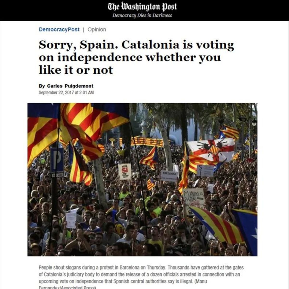 Captura del artículo de Carles Puigdemont en ’The Washington Post’. Captura del artículo de Carles Puigdemont en ’The Washington Post’.
