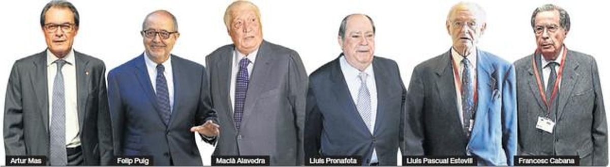 De izquierda a derecha, Artur Mas, Felip Puig, Macià Alavedra, Lluís Prenafeta, Lluís Pascual Estivill y Francesc Cabana. De izquierda a derecha, Artur Mas, Felip Puig, Macià Alavedra, Lluís Prenafeta, Lluís Pascual Estivill y Francesc Cabana.