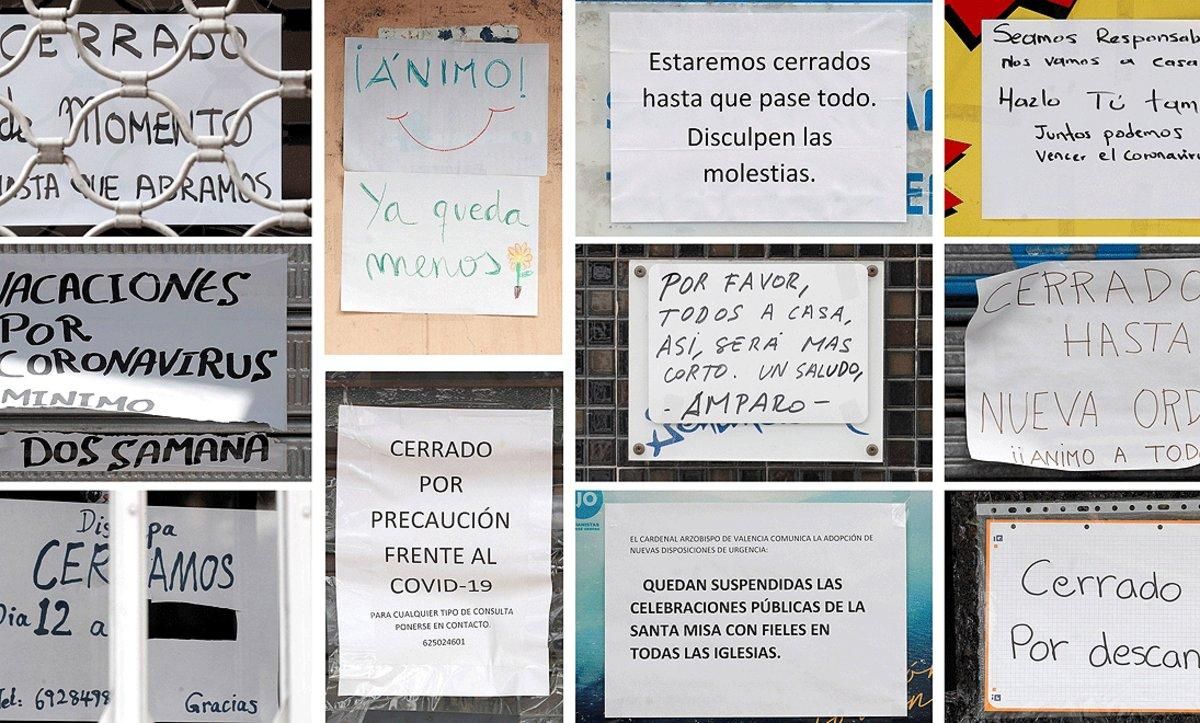 Carteles de negocios cerrados por el estado de alarma, en València. Carteles de negocios cerrados por el estado de alarma, en València.