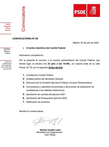 Convocatoria del comité federal del PSOE (20 de julio de 2022)