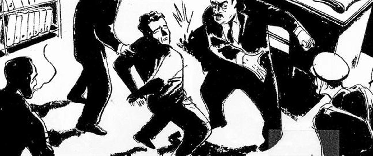 Arriba, el policía torturador de la comisaría de Vía Layetana Antonio Juan Creix golpea a Miguel Núñez. Abajo, la viñeta ilustra cómo los serenos fueron ’proveedores’ de armas de la Agrupación Guerrillera de Catalunya.