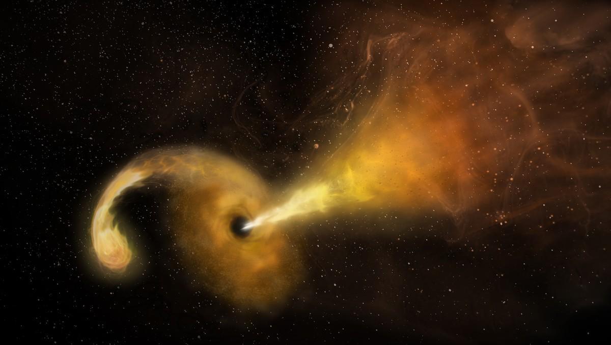 Recreación artística de la erupción de un agujero negro después de haber engullido una estrella.