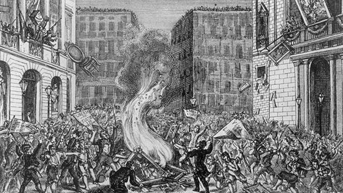 Dibujo de la Primera República de 1873, ’El pueblo de Barcelona quemando los cuadros del primer y último Borbón de España’, en la plaza Sant Jaume.