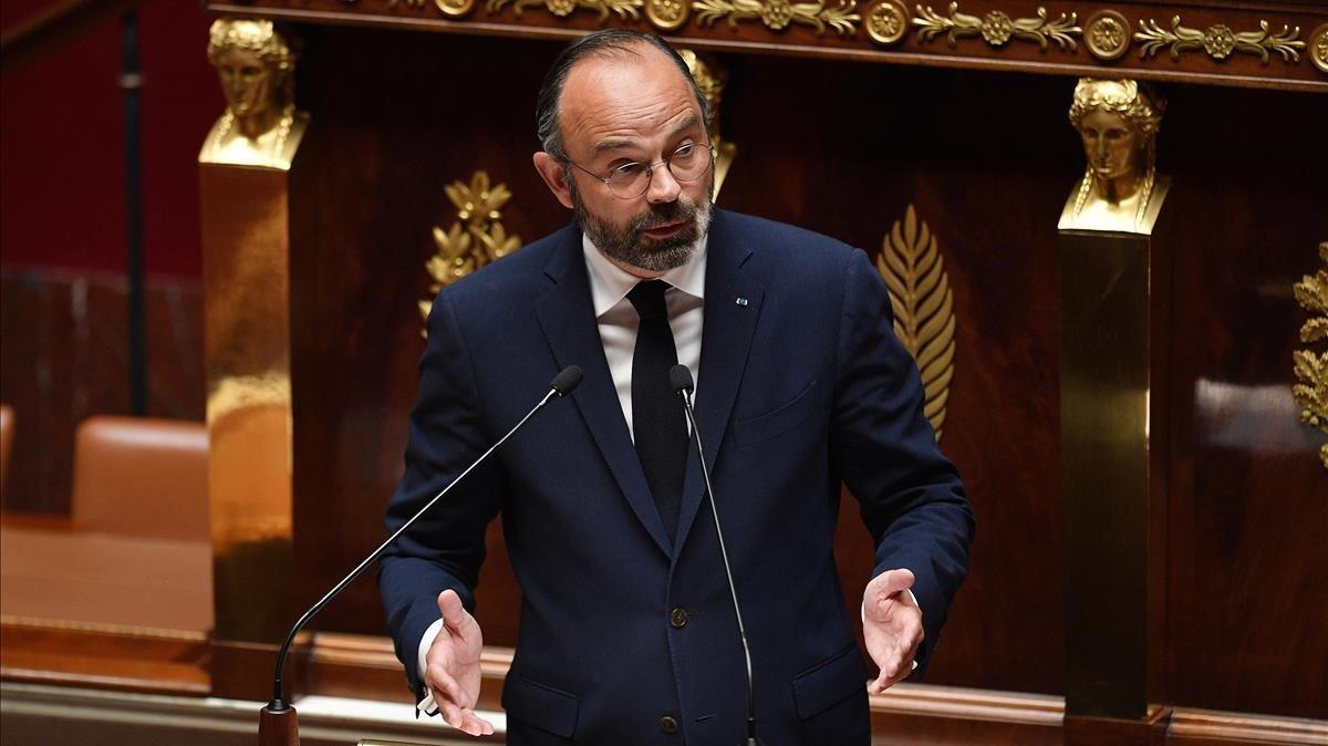 El primer ministro francés, Edouard Philippe, en la presentación del plan de desescalada este martes en la Asamblea Nacional. El primer ministro francés, Edouard Philippe, en la presentación del plan de desescalada este martes en la Asamblea Nacional.